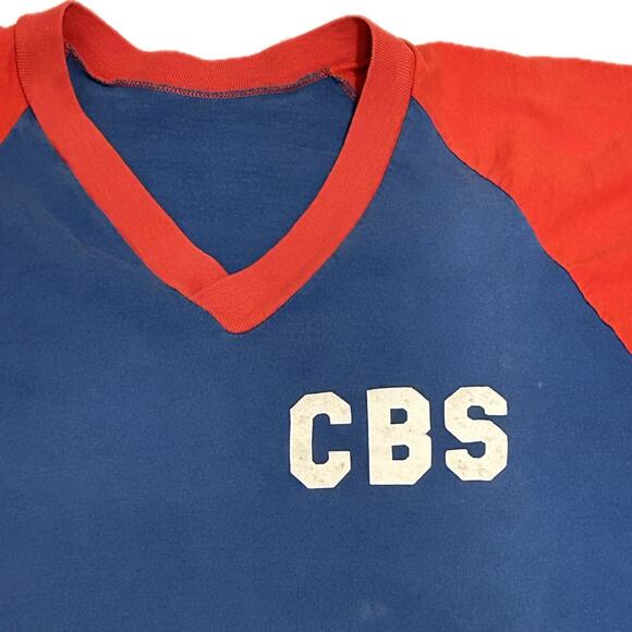 1970s CBS Records Russell Raglan Color Block Single Stitch T Shirt / Men’s S/M * - Picture 2 of 4